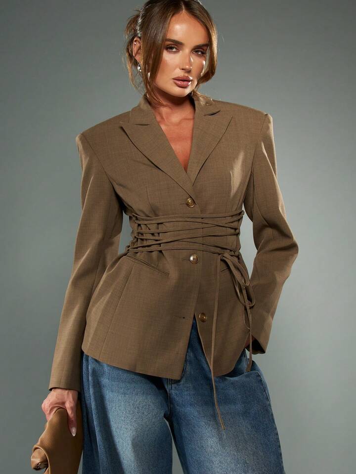 Lace Up Tie Waist Double Breasted Blazer