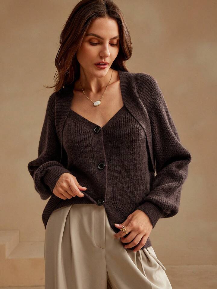 Versatile solid color V-neck cardigan Top