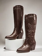 Long Leather FLower Deisgn Boots