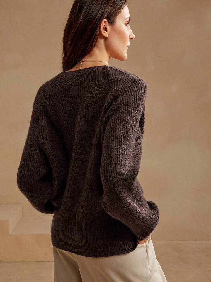 Versatile solid color V-neck cardigan Top