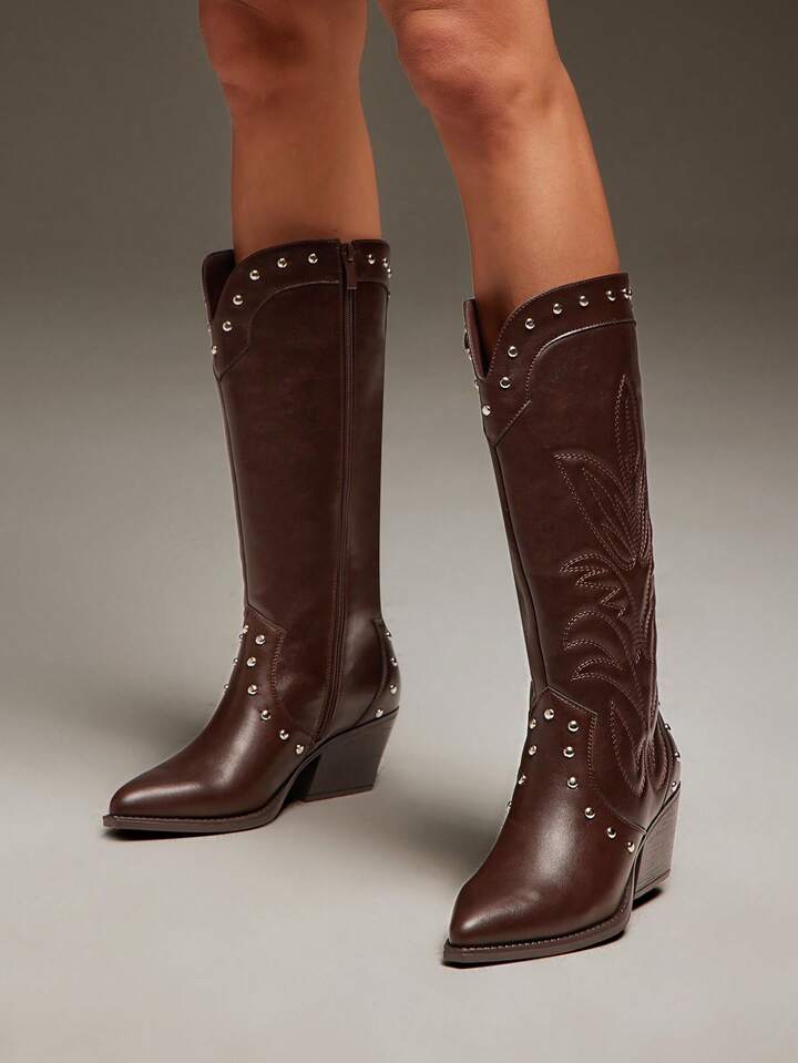 Long Leather FLower Deisgn Boots