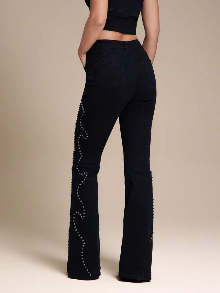 High Risin Studded Stretch Flare Jeans