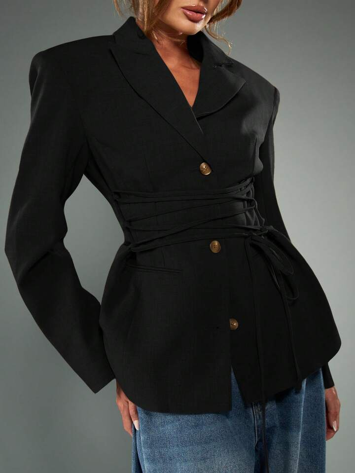 Lace Up Tie Waist Double Breasted Blazer
