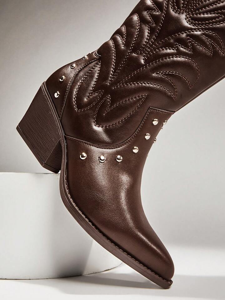 Long Leather FLower Deisgn Boots