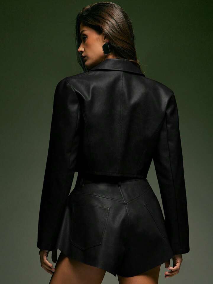 Leather Cropped jacket &Skort Sets