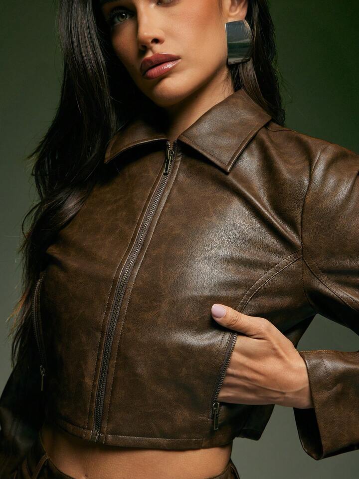 Leather Cropped jacket &Skort Sets