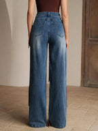 Hand-Stitched Western Leather Blue Straight Jeans