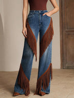 Hand-Stitched Western Leather Blue Straight Jeans