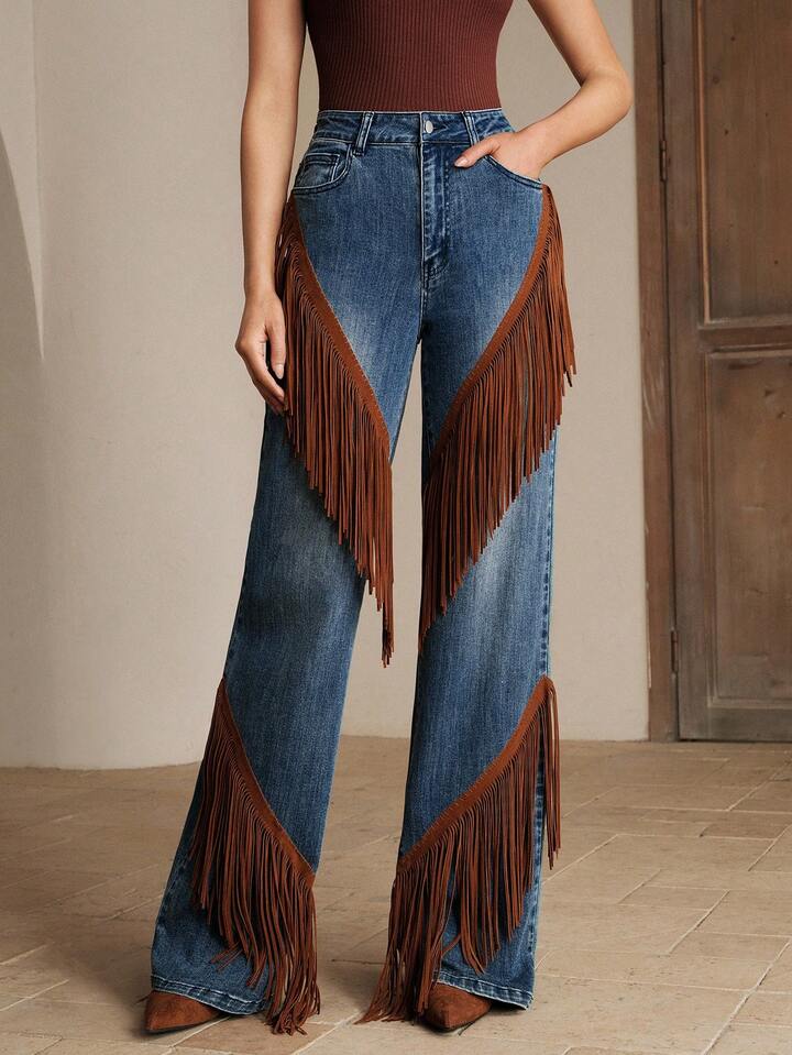Hand-Stitched Western Leather Blue Straight Jeans