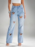 Heart Rhinestone Straight Leg Jeans