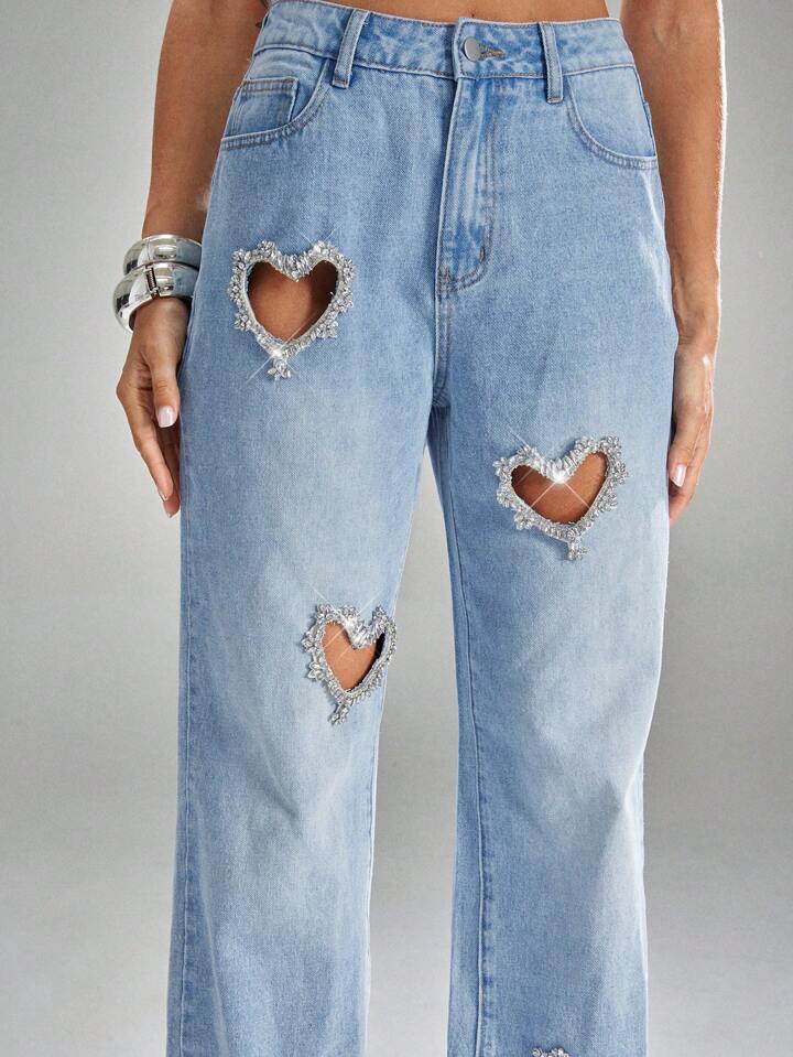 Heart Rhinestone Straight Leg Jeans