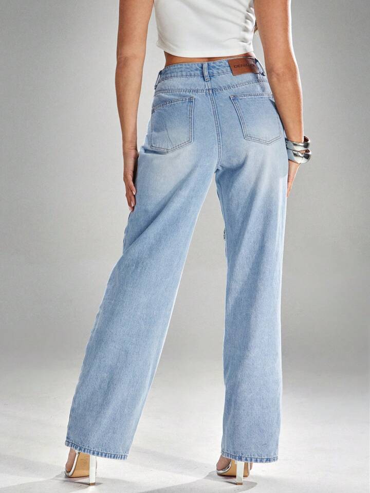 Heart Rhinestone Straight Leg Jeans