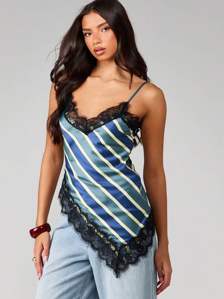 Asymmetric Striped with Lace Top
