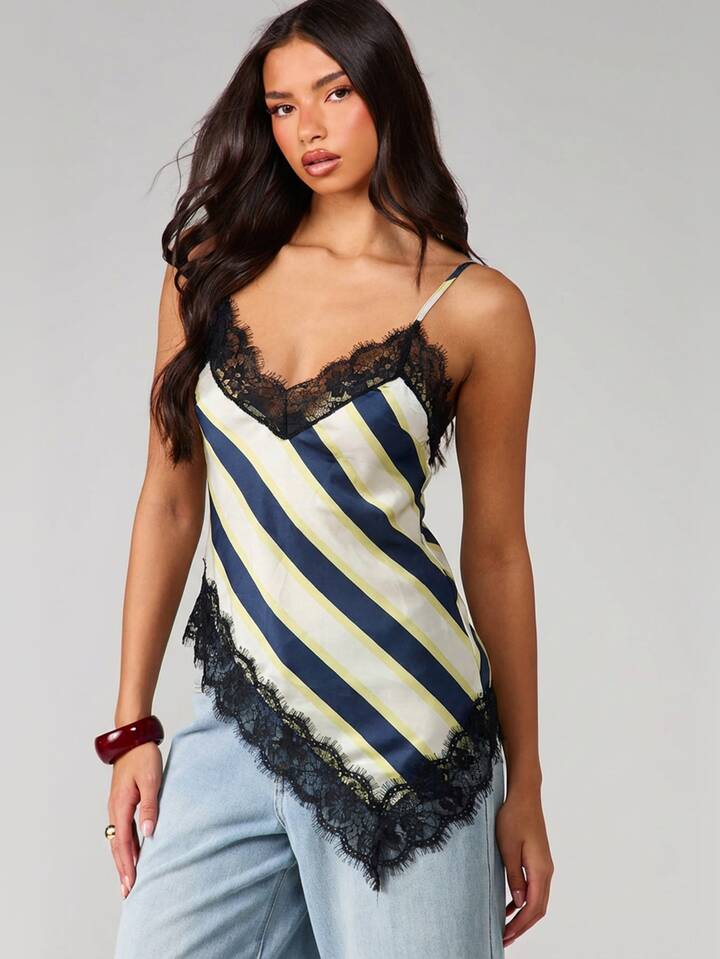 Asymmetric Striped with Lace Top