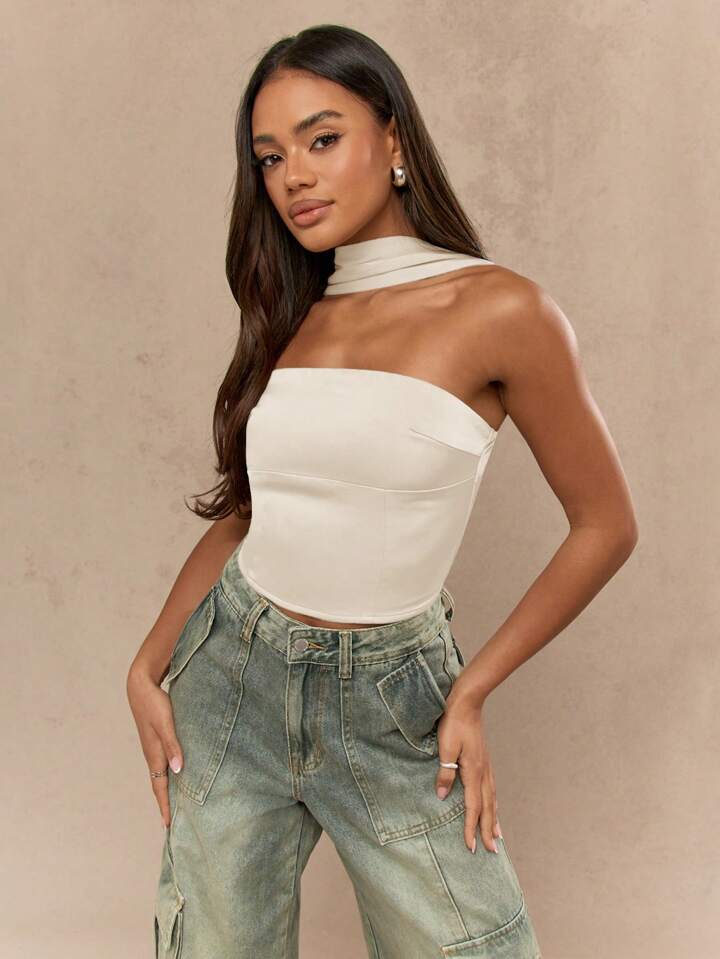 Satin Neck And Back Detail Bandeau Top