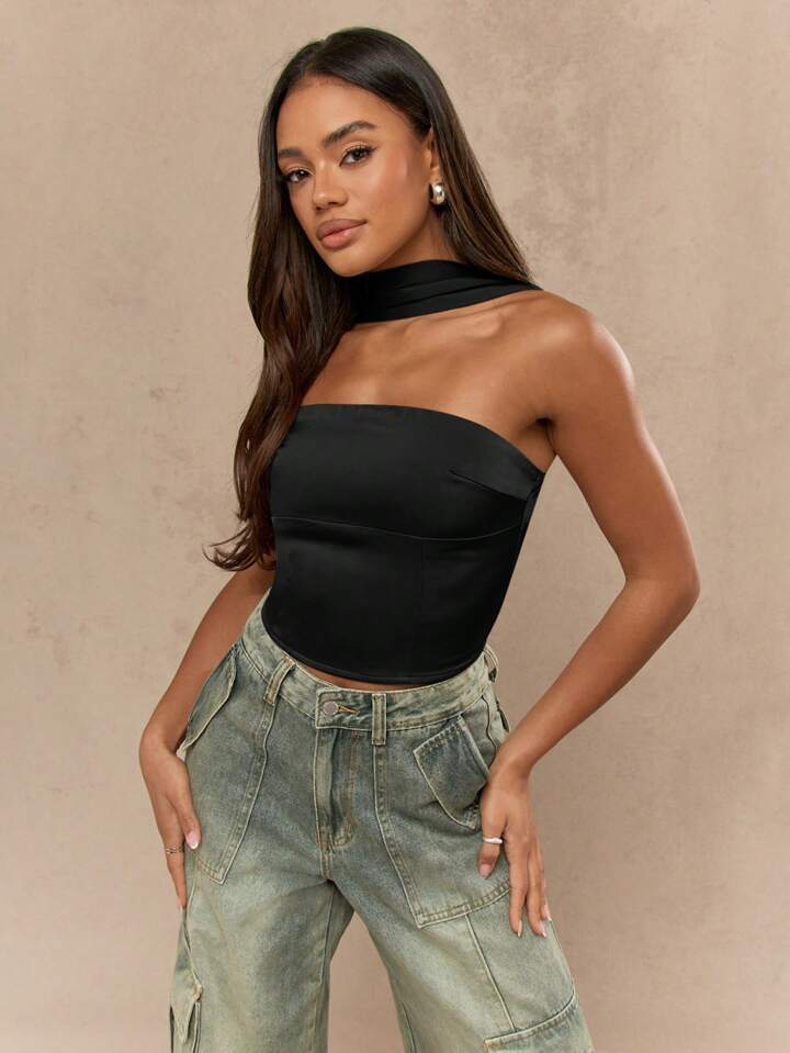 Satin Neck And Back Detail Bandeau Top