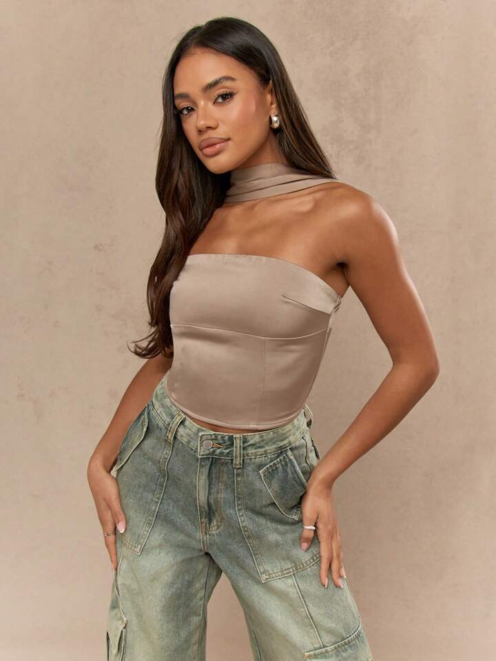 Satin Neck And Back Detail Bandeau Top