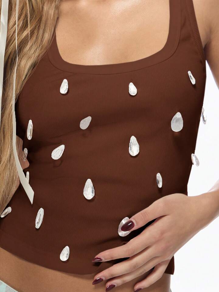 Crystal Embellished Ribbed Tank Top