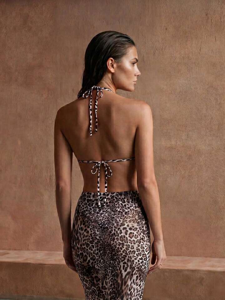 3-Pieces Leopard Print Swimsuit Set With Skirt Cover Up