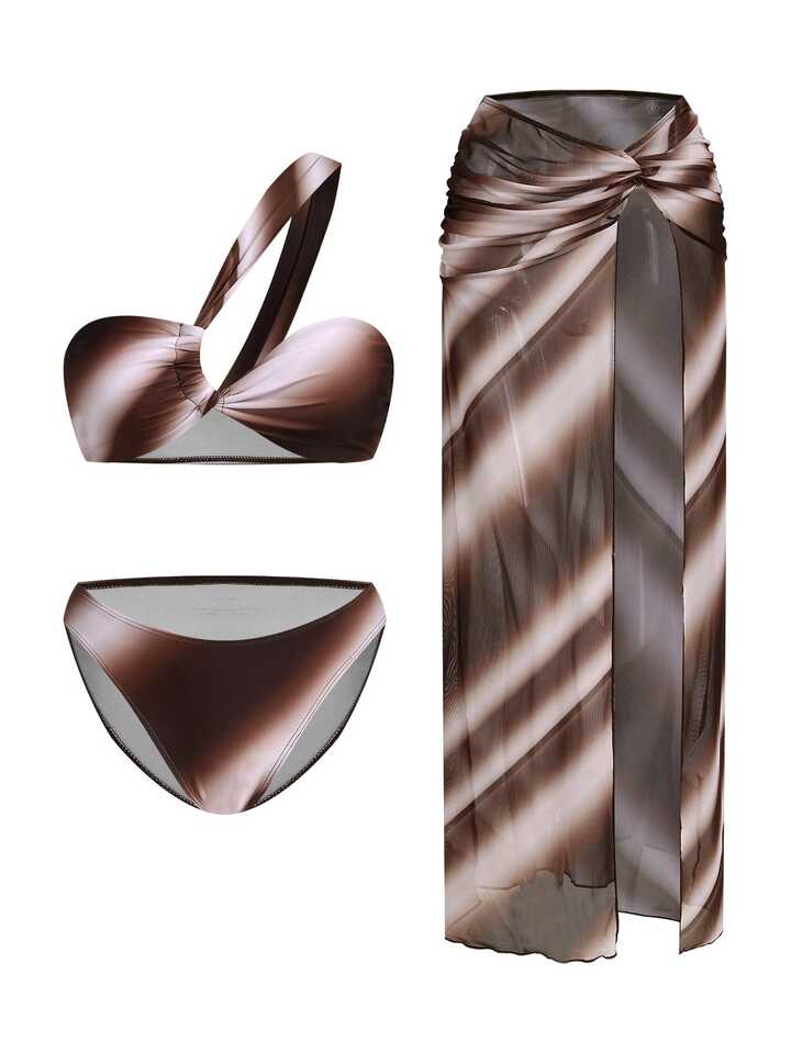 3-Pieces Set One-Shoulder Swimwear Set With Skirt Cover Up