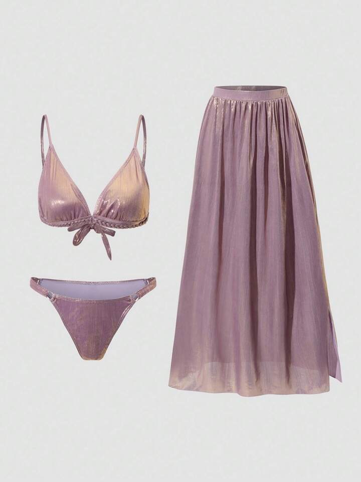Metallic Swimsuit Set & Skirt Cover Up