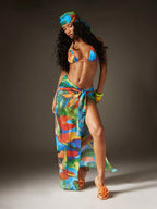 Tropical Print Swimsuit Set & Head Wrap & Cover Up