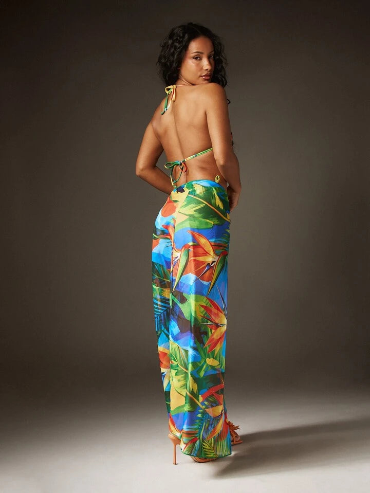 Tropical Print Swimsuit Set & Head Wrap & Cover Up