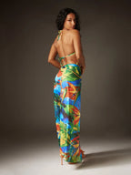 Tropical Print Swimsuit Set & Head Wrap & Cover Up
