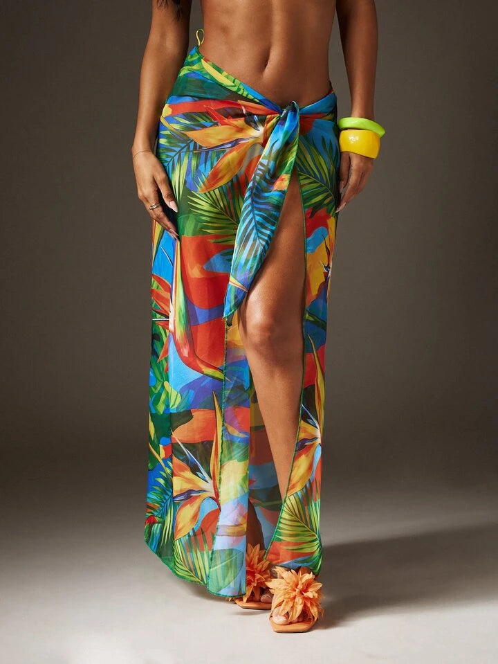 Tropical Print Swimsuit Set & Head Wrap & Cover Up