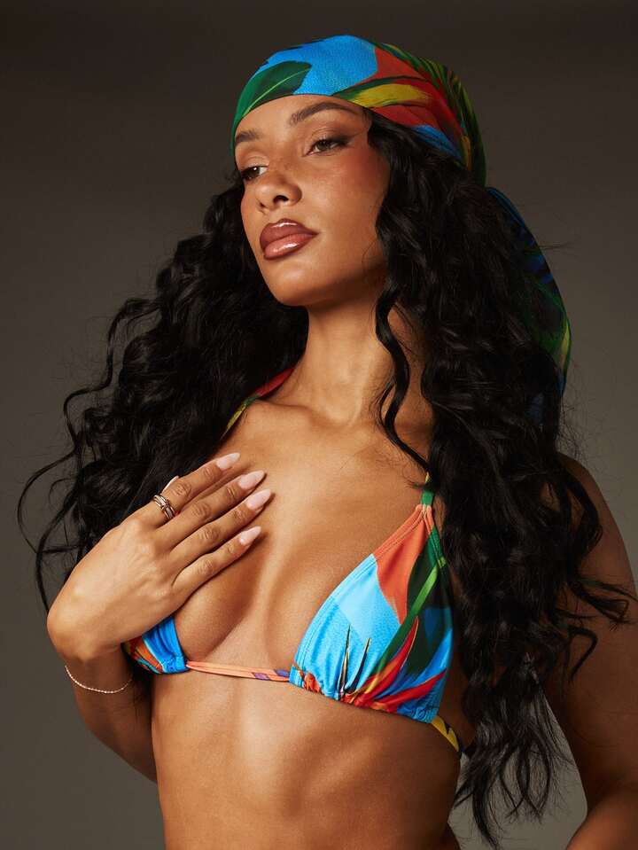 Tropical Print Swimsuit Set & Head Wrap & Cover Up