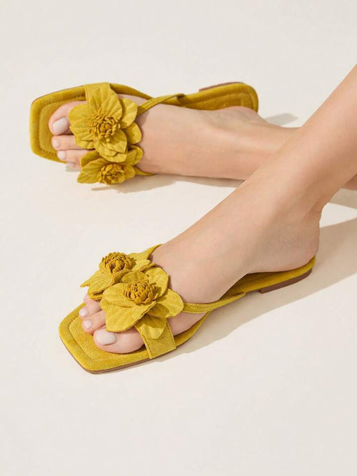 3D Flower Square Toe Flat Sandals